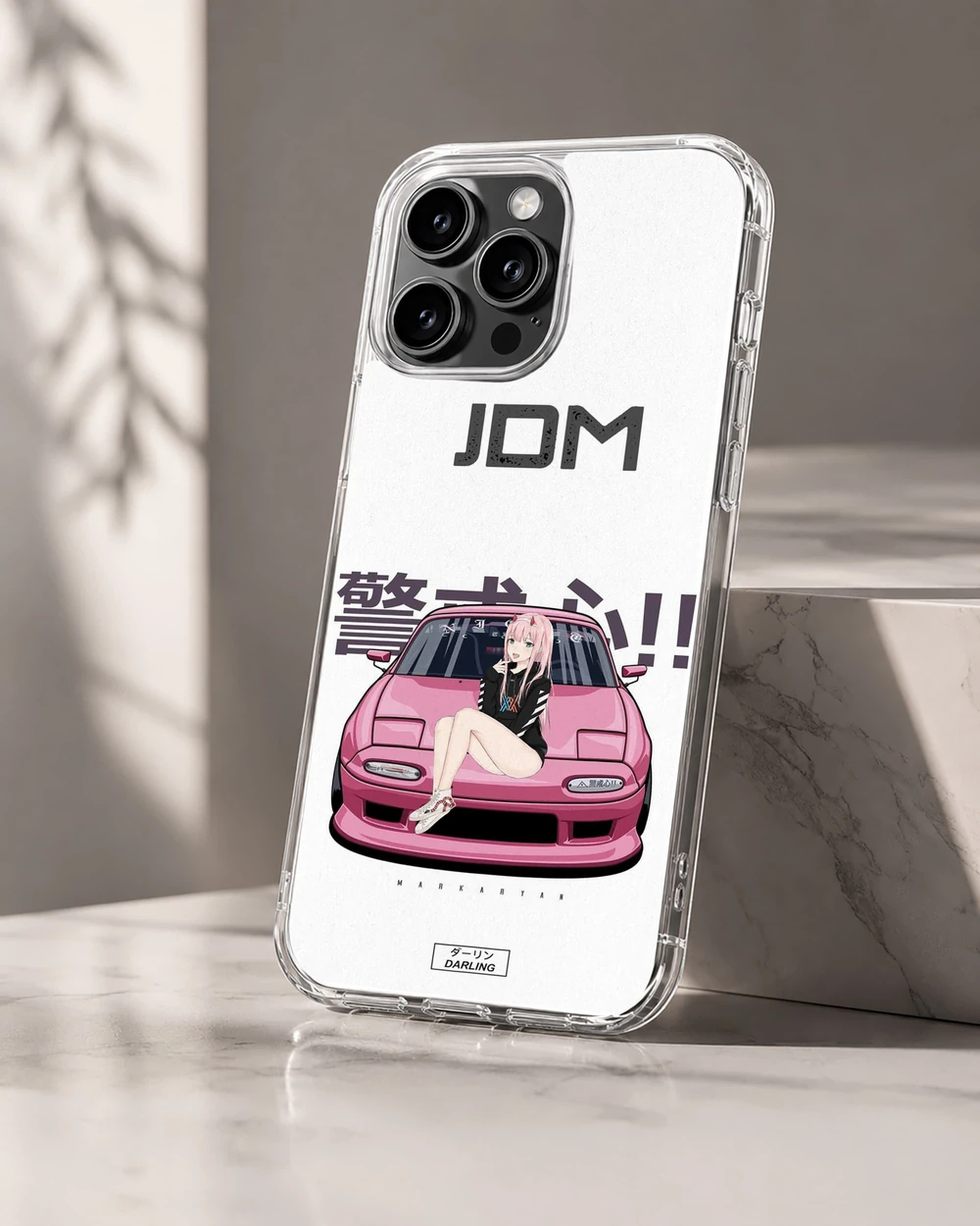 Anime JDM phone case for iPhone 16 Pro featuring a pink car and character.
